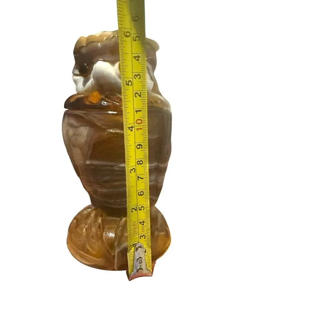 Imperial Glass Caramel Slag Owl Jar Lidded Trinket Dish Vintage 6” Tall EUC
